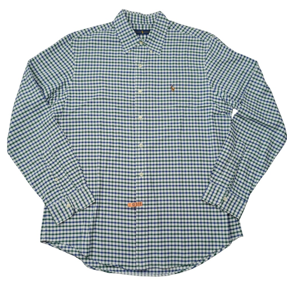Ralph Lauren Men's Large Gingham Button Down Shirt Green Blue Check Long Sleeve
